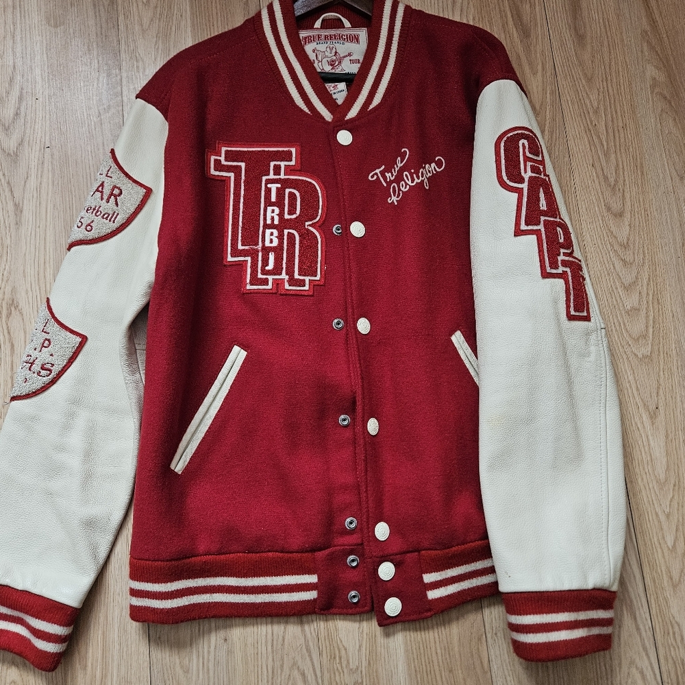 True Religion Red and White Varsity Jacket